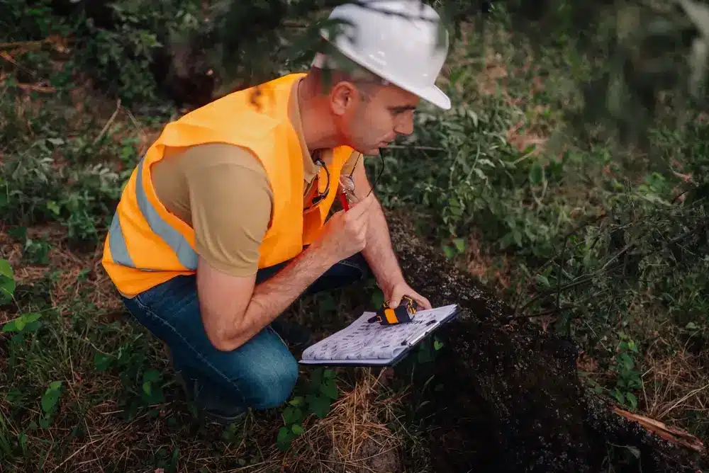 Forest engineer crouching, writing notes on clipboard and measuring a fallen tree trunk using a telemeter.
