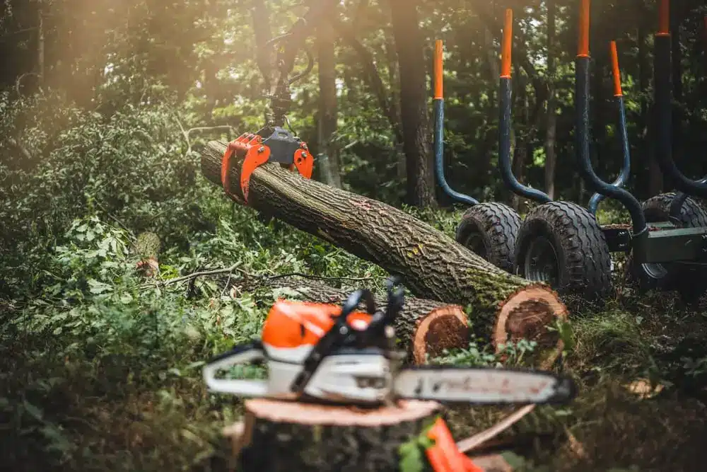 Forwarder tractor for wood transport. Tractor with trailer loaded with logs.