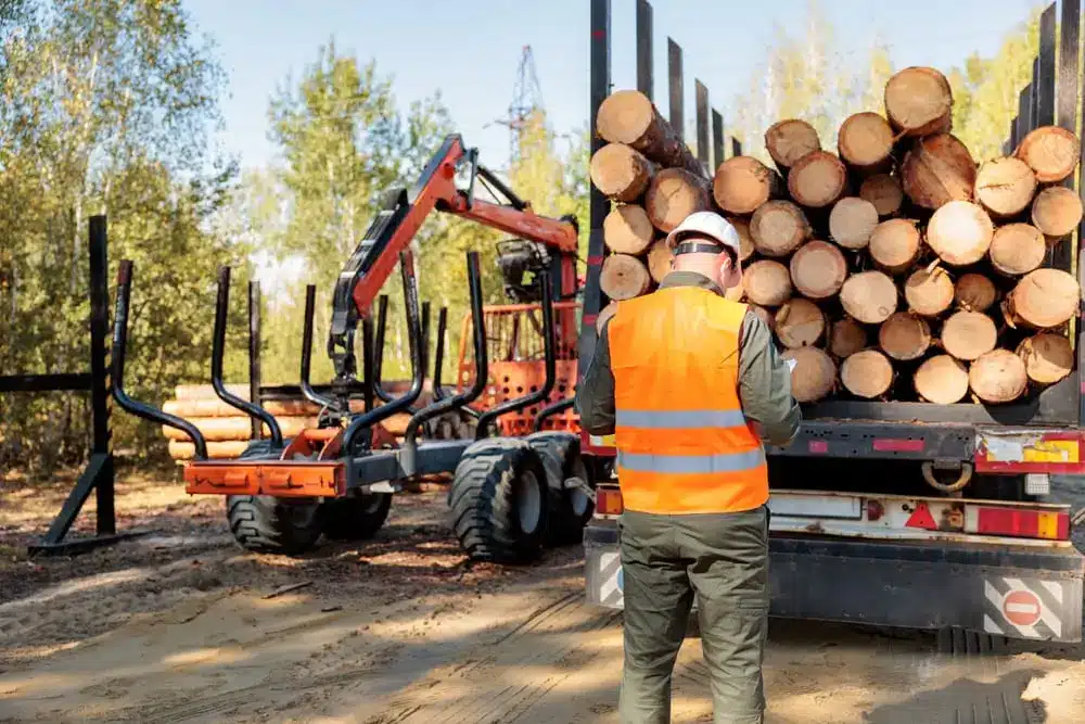 Logging Operations. Worker checks loading of firewood. Transportation of wood.